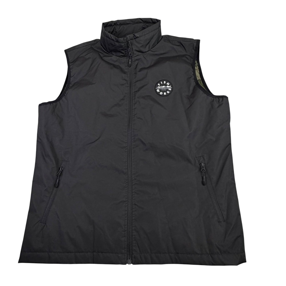 Fishworks Quilted Lined Fishing Utility Vest Black Full Zip Camo Nylon Men L